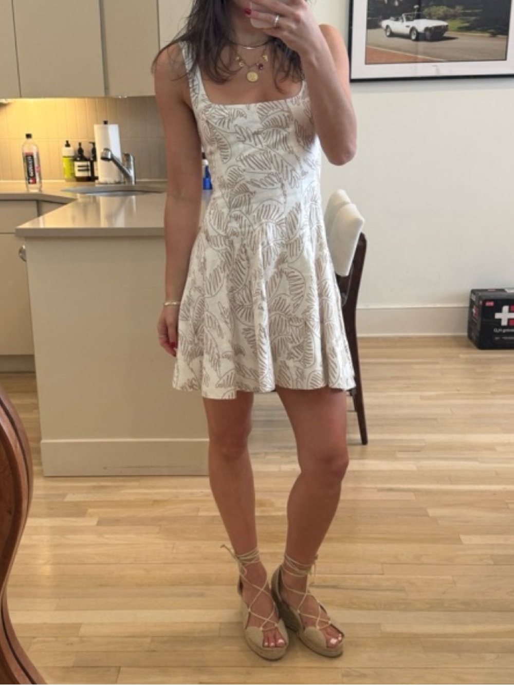 ANTONIO MELANI White Dress with Beige Leaf Print